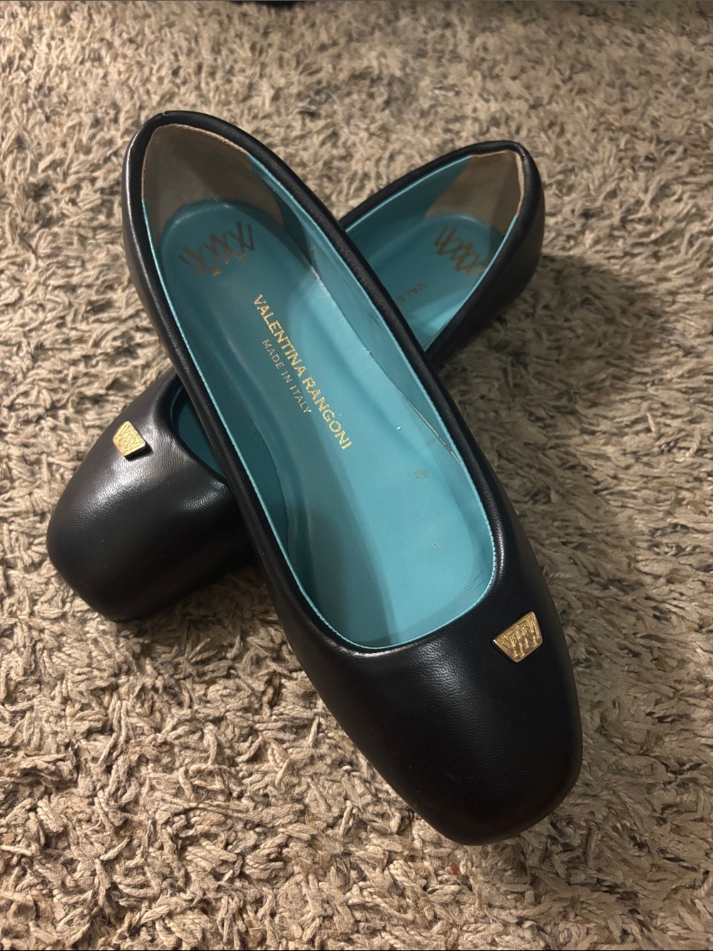 MIA Black Leather Ballet Flats with Gold Accent and Turquoise Insole